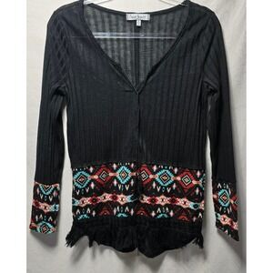 Crave Fame Black Long Sleeve Southwestern Print Fringe Top Women's Size M